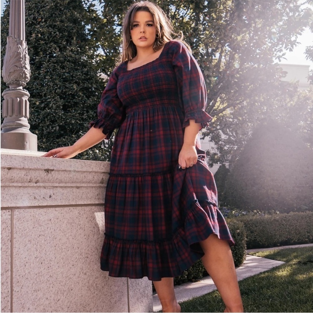 JESSAKAE Brooks Coquette Red and Navy Plaid Midi Dress Cottagecore